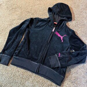 PUMA Kids Logo Full Zip Hoodie Sweatshirt Black Velvet Hot Pink Size Girls L